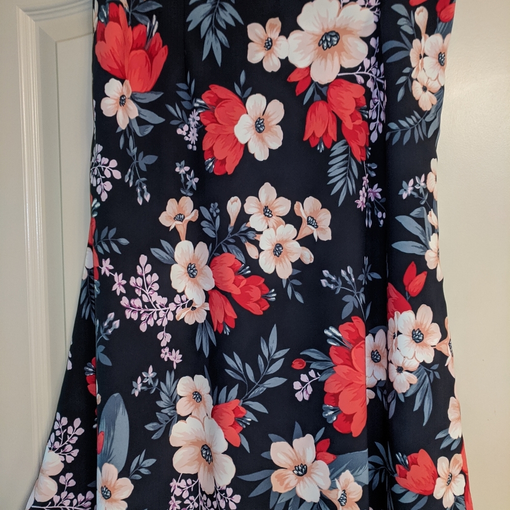 Ann Taylor Mid Length Floral Print Navy Skirt
